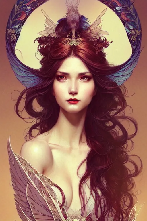 Image similar to portrait of woman with flowy hair, bird wings, confident pose, pixie, genshin impact, intricate, elegant, sharp focus, illustration, highly detailed, concept art, matte, trending on artstation, bright colors, art by wlop and artgerm and greg rutkowski, mucha, giger, marvel comics