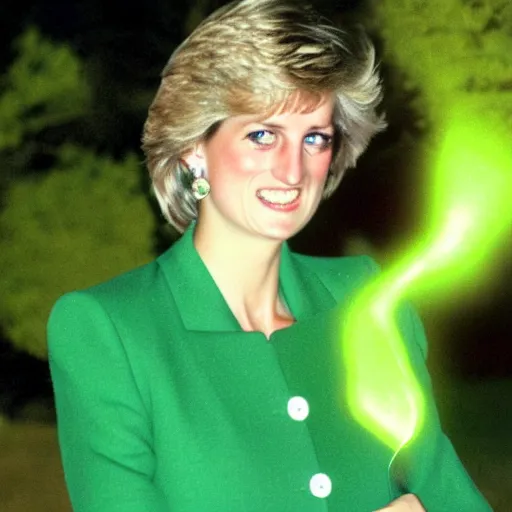 Image similar to princess diana abducted by green aliens in a ufo