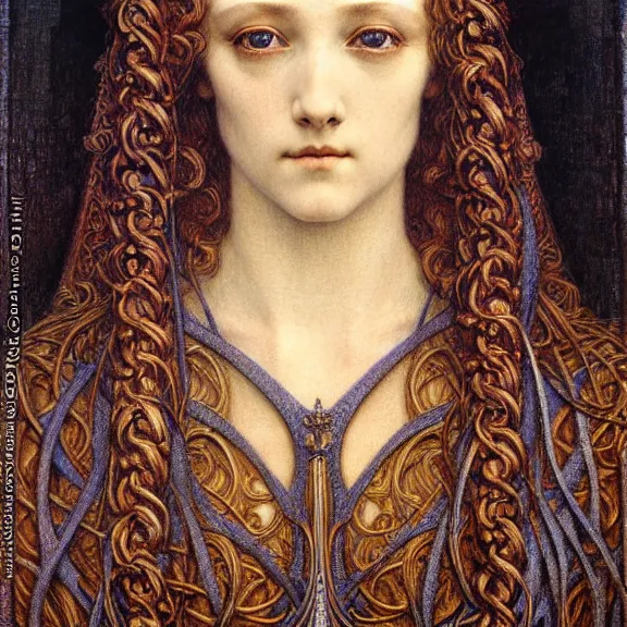 Image similar to detailed realistic beautiful young medieval queen face portrait by jean delville, gustave dore and marco mazzoni, art nouveau, symbolist, visionary, gothic, pre - raphaelite. horizontal symmetry