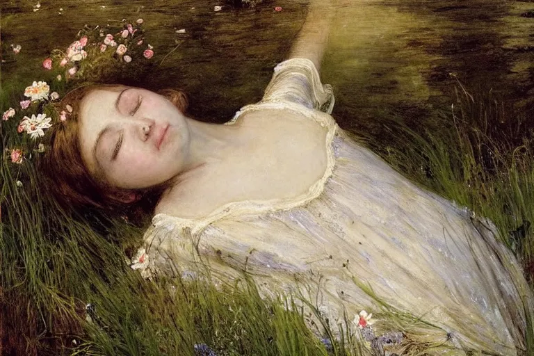 Prompt: portrait of a beautiful drowned girl, floating in a river full of high green grass and fine flowers with closed eyes, wearing a nicely crafted antique dress, by sir john everett millais, photorealistic, hyperdetailed, ethereal, masterpiece, oil painting