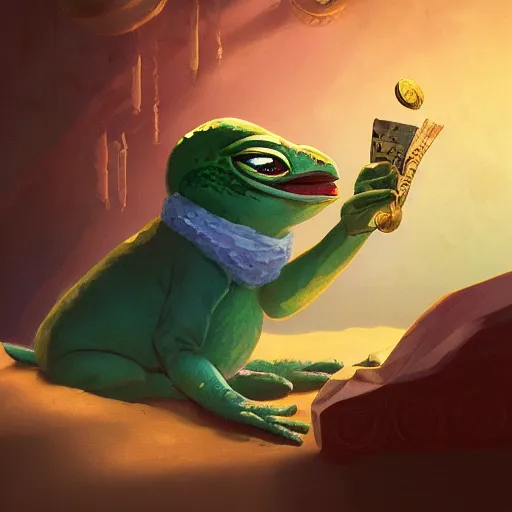 Image similar to super rich happy pepe in the vault, luxury, treasury, coins, money, hyper detalied, blue crystals, greg rutkowski, artstation