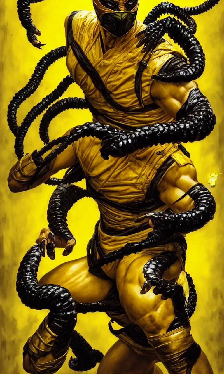 Image similar to hyper realistic full body portrait of scorpion from mortal kombat, mk ninja character, yellow ninja mask, tight yellow ninja suit, by lee bermejo, alphonse mucha and greg rutkowski