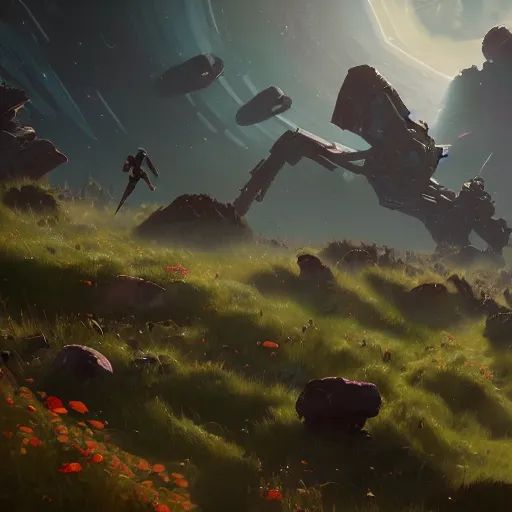 Prompt: corrupted sentinel enjoying picking up flower on infested planet in no man's sky digital art in the style of greg rutkowski and craig mullins, 4 k