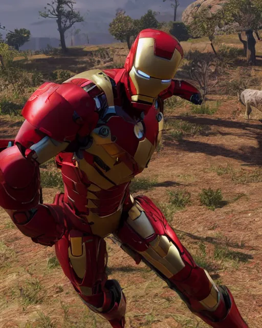 Image similar to mk 3 8 iron man suit in red dead redemption 2, cinematic, photorealistic