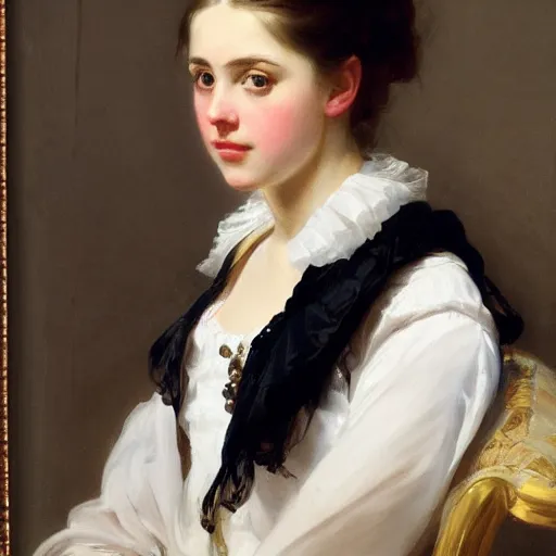 Image similar to portrait of a young woman sitting by Franz Xaver Winterhalter, high quality, highly detailed, single face, beautiful, symmetry, romanticism