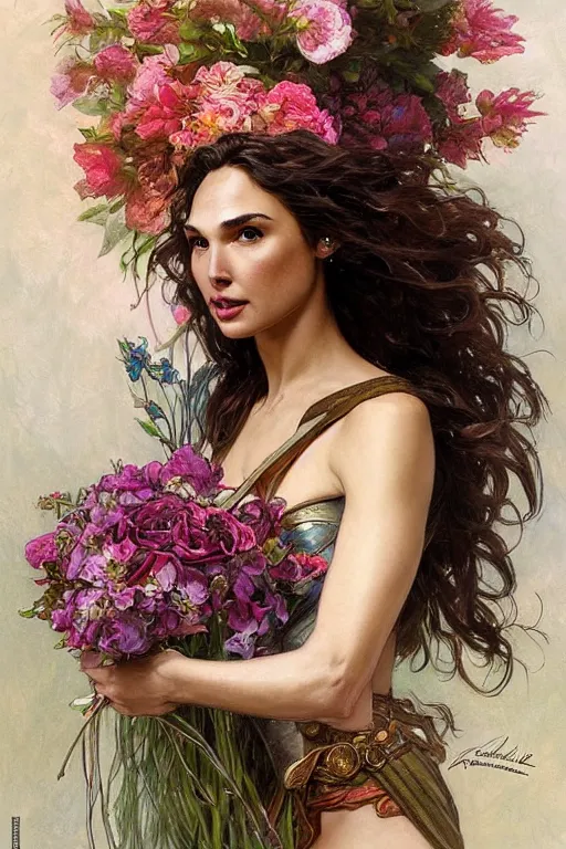 Image similar to portrait of gal gadot as beautiful mysterious woman holding a bouquet of flowing flowers, hands hidden under the bouquet, fantasy, regal, intricate, by stanley artgerm lau, greg rutkowski, thomas kindkade, alphonse mucha, loish, norman rockwell