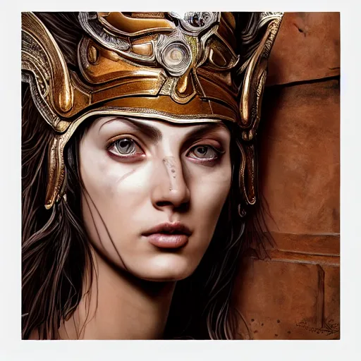 Image similar to hyperrealistic mixed media painting of beautiful goddess Athena, stunning 3d render inspired art by P. Craig Russell and Barry Windsor-Smith, perfect facial symmetry, dim volumetric lighting, full full full full face face face face face 8k octane beautifully detailed render, post-processing, portrait, extremely hyper-detailed, intricate, epic composition, brown brown brown eyes, realistic realistic realistic eyes, cinematic lighting, masterpiece, trending on artstation, detailed detailed detailed, masterpiece, stunning