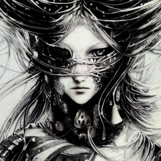 Prompt: Yoshitaka Amano blurred and dreamy illustration of an anime girl with pirate eye patch, wavy white hair and cracks on her face wearing Elden ring armour with the cape fluttering in the wind, abstract black and white patterns on the background, noisy film grain effect, highly detailed, Renaissance oil painting, weird portrait angle