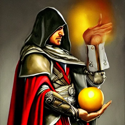 Image similar to painting of ezio auditore holding a golden apple