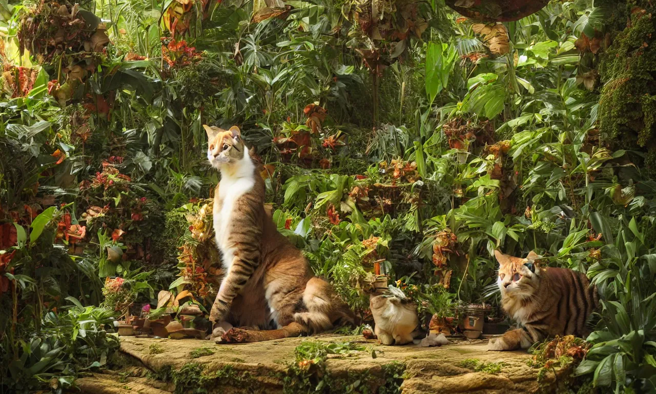 Image similar to a portrait of a cat sitting amongst big tropical plants, painting by James C. Christensen, by Tomasz Alen Kopera, by Raphael, by Caravaggio, 8K, rendered in Octane, cinematic, 3D, volumetric lighting, highly detailed, photorealistic, hyperrealism