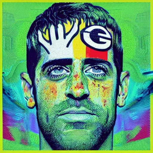 Image similar to aaron rodgers face, pharoah, dan hillier, dmt colors, hyperrealistic