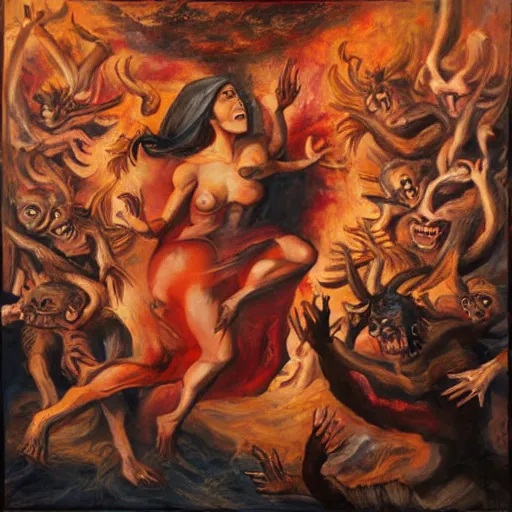 Prompt: painting of a woman falling into hell with a bunch of demons around her