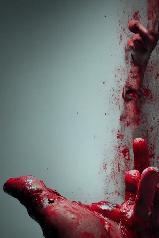 Prompt: bloody hand reaching out from toilet, 3d Guillermo del Toro, dramatic lighting, dark horror, 4k, uhd