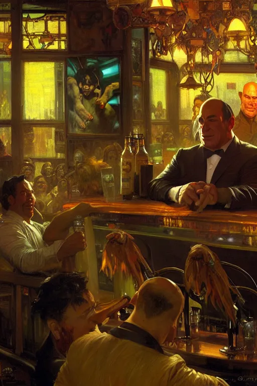 Image similar to hulking jon taffer, balding, wearing suit ogre - like, huge, at a bar, painting by gaston bussiere, craig mullins, greg rutkowski, alphonse mucha