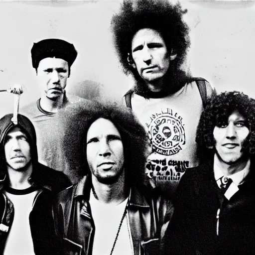 Image similar to Rage Against the Machine as a 1969 protopunk band, Zack de la Rocha, Tom Morello, 1969 footage, super 8mm, protopunk, proto-metal, MC5, the Stooges, Rage Against the Machine