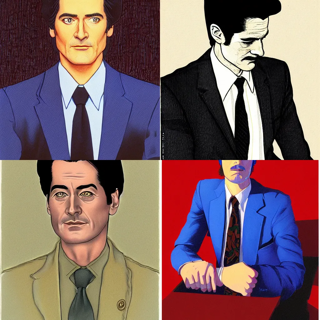 Prompt: Portrait of Dale Cooper Kyle Maclachlan from Twin Peaks by Jean Giraud Moebius