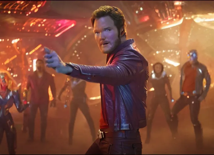 Image similar to film still of star - lord played by chris pratt dancing in a disco in the new guardians of the galaxy movie, 4 k