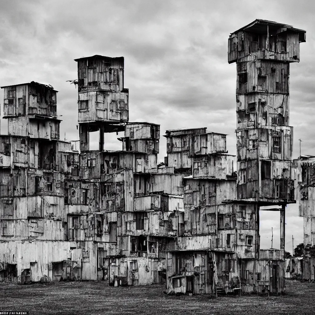 Prompt: many high towers, made up of makeshift squatter shacks with bleached colours, dystopia, hasselblad x 1 d, moody sky at the back, fully frontal view, very detailed, ultra sharp, photographed by trent parke