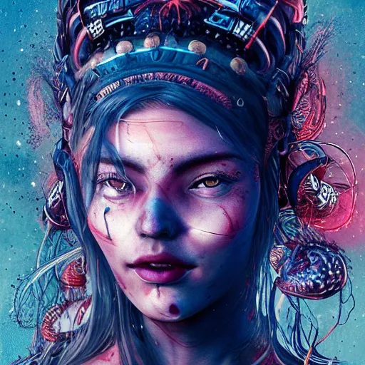 Prompt: viking goddess close-up portrait tribal princess , on a battlefield, high tech, cyberpunk, dystopian, jellyfish phoenix dragon, butterfly squid, burning halo, intricate artwork by Conrad Roset and Brooke Shaden, very coherent symmetrical artwork, cinematic, hyper realism, high detail, octane render, unreal engine, 8k, Vibrant colors, Smooth gradients, High contrast, depth of field,