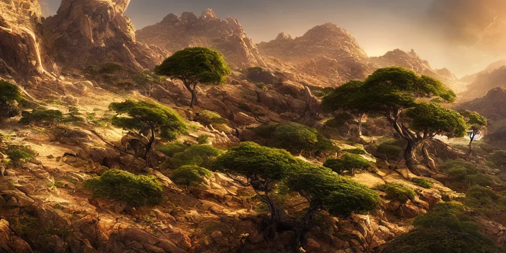 Image similar to Lively landscape of a socotra island filled with socotra dragon trees realistic detailed digital art by Maxwell Boas Jessica Rossier Christian Dimi