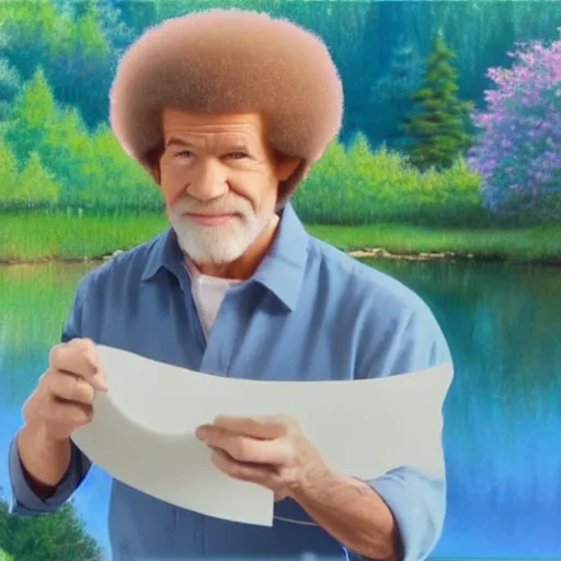 Prompt: bob ross drawing bob ross while looking at bob ross, beautiful, realistic, 8 k