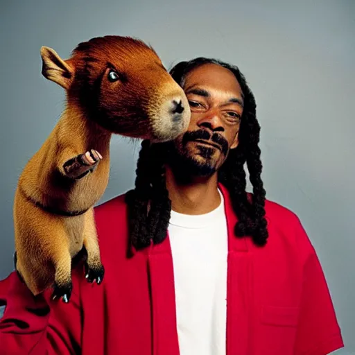 Image similar to Snoop Dogg holding a Capybara for a 1990s sitcom tv show, Studio Photograph, portrait, C 12.0