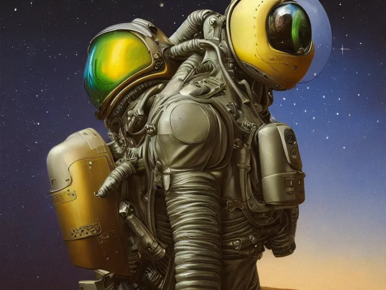 Image similar to a detailed profile oil painting of pilot in a spacesuit with reflective visor, flight suit, portrait symmetrical and science fiction dieselpunk theme with aurora lighting by beksinski carl spitzweg and tuomas korpi. baroque elements, full-length view. baroque element. intricate artwork by caravaggio. Trending on artstation. 8k