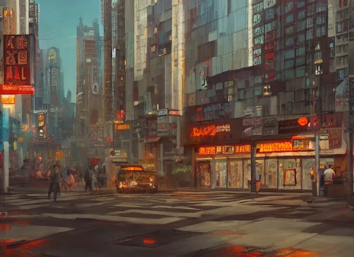 Image similar to a painting of a city street with buildings and signs, a detailed matte painting by ji sheng, cgsociety, american scene painting, anime aesthetic, y 2 k aesthetic, cityscape