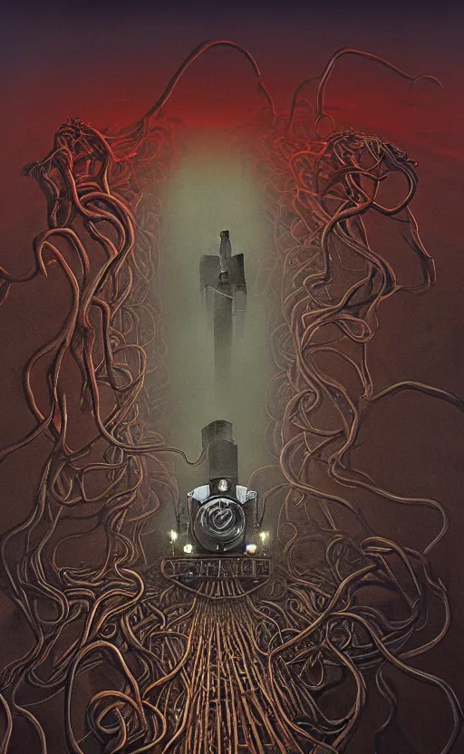 Image similar to thomas the tank engine in style of zdzisław beksinski, extremely dramatic lighting, 8 k, tendrils, black, darkness, black slime tendrils, infected, rust, body horror, thomas the train, thomas the tank engine face, horror,