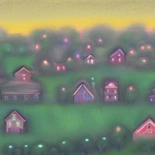 Image similar to suburban american neighborhood on early morning with mist over the houses, painting by best artist in the world, illustration, 4k, high quality, 1980, pastel colors, film grain, cluttered,