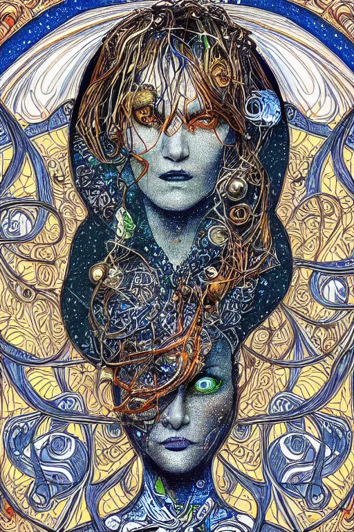 Image similar to A hyper-detailed, ultra-detailed, full-color photorealistic mixed media painting of Sandman Morpheus, perfectly symmetrical art nouveau portrait structure at night in the winter, full-color p. craig russell illustration in fineliner style,