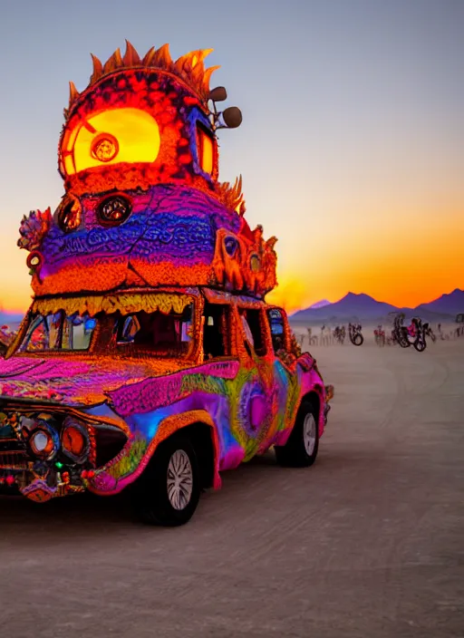 Prompt: burning man art car, sunset, 4 k