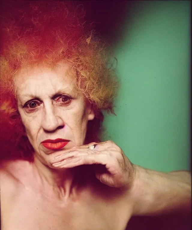 Prompt: a color photograph of nan goldin, by thomas ruff, platinum blond, intense, bold, exaggerated, ultra sharp, extra details, ultra high quality, trending on pinteresst