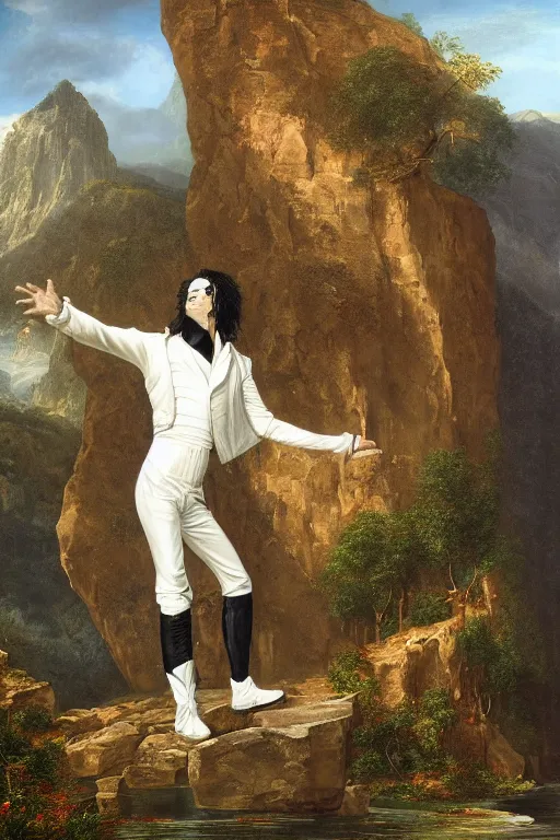 Prompt: individual full body portrait of michael jackson standing against a thomas cole naturalist style backdrop of mount olympus with enormous columns on either side, michael jackson