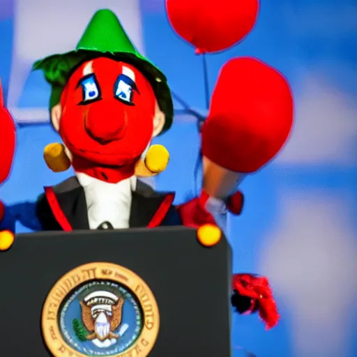 Prompt: mad puppeteer using marionette of a president with clown makeup in a podium