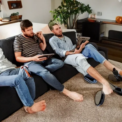 Image similar to virgin men sitting on their couches using stable diffusion in discord on their phones, too down perspective