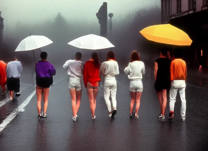 Image similar to realistic photo portrait of a crowd of people wearing white shorts, cone heads, walking on the street, grey sky with rainbow and rain 1 9 9 0, life magazine reportage photo, natural colors