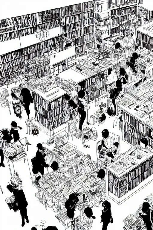 Image similar to surreal line art by kim jung gi!, an extremely busy coffee and book shop store, couches and chairs and tables, lazy women and men everywhere drinking and eating, rule of third!!!!, line art, 8 k, super detailed, high quality, isometric view