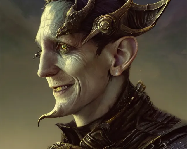 Image similar to highly detailed portrait of robin lord taylor as a fantasy goblin, in skyrim, stephen bliss, unreal engine, fantasy art by greg rutkowski, loish, rhads, ferdinand knab, makoto shinkai and lois van baarle, ilya kuvshinov, rossdraws, tom bagshaw, global illumination, radiant light, detailed and intricate environment