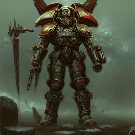 Image similar to space marine in dark plated armor concept, wearing ancient war helm, beksinski