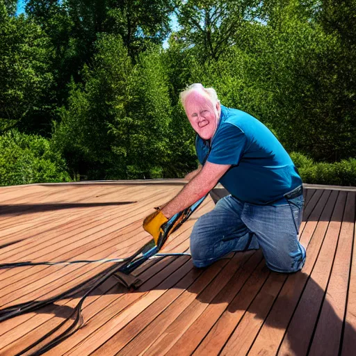 Image similar to john lithgow power washing his deck, ( sony a 7 r iv, symmetric balance, polarizing filter, photolab, lightroom, 4 k, dolby vision, photography awardm, voque, perfect face )