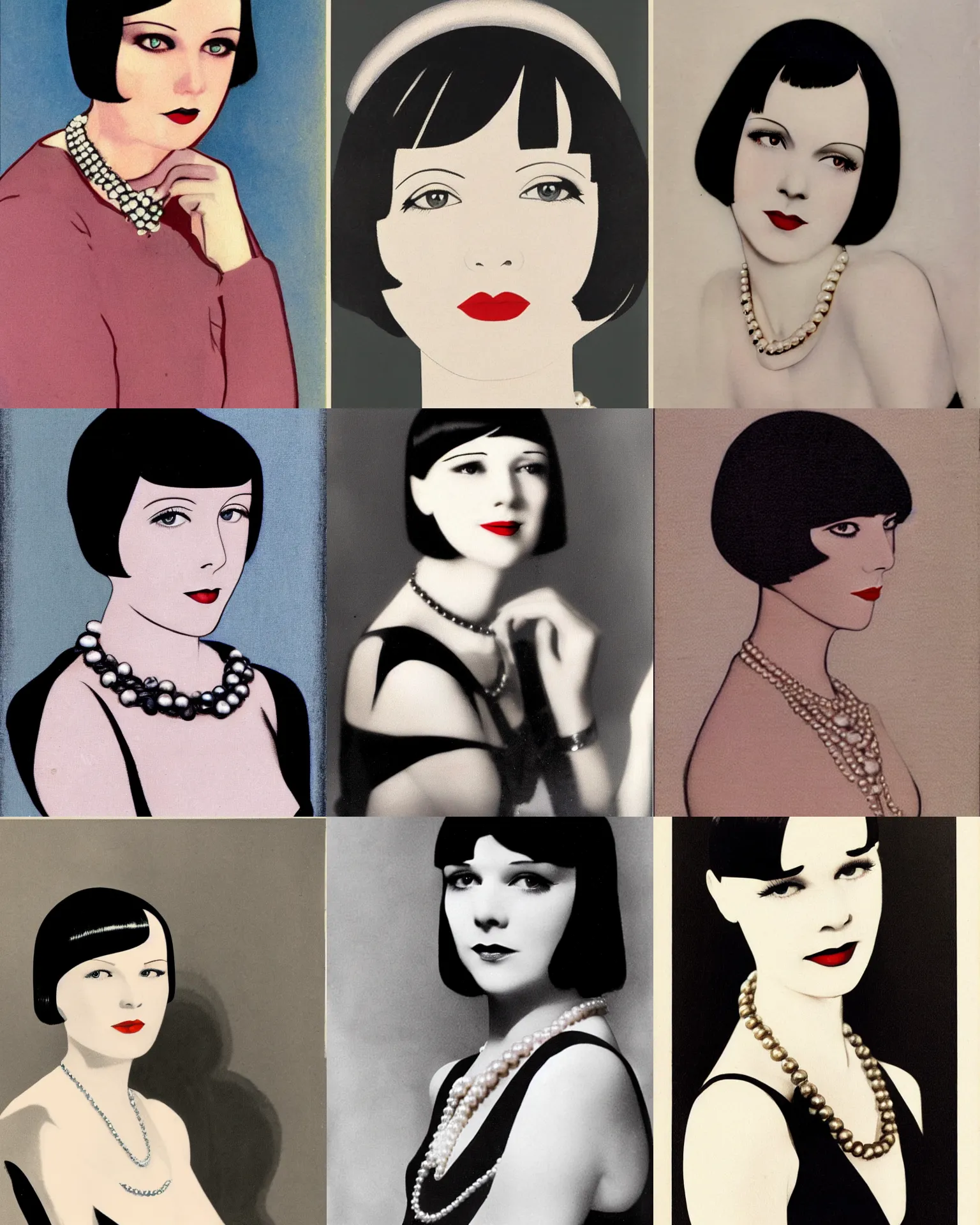 Prompt: Mary Louise Brooks 25 years old, wearing pearl necklace , bob haircut, portrait by Patrick Nagel, 1920s,