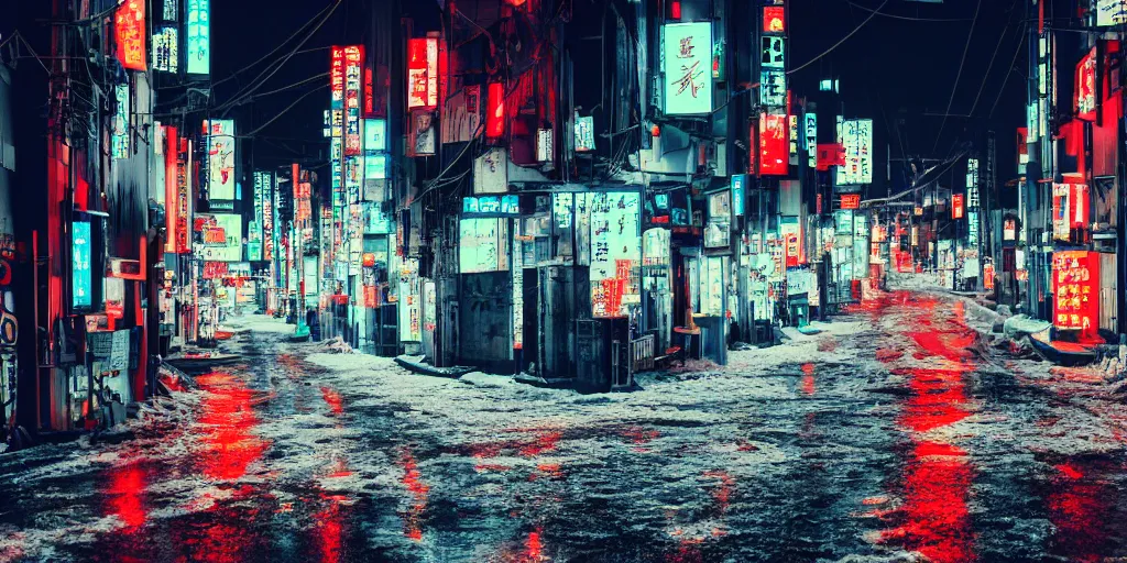 Image similar to a city street at night, snowing, photograph, cyberpunk, sharp focus, intricate detail, drone shot, high resolution, 8k, neon streetlights, wires hanging down everywhere, Japan, colourful