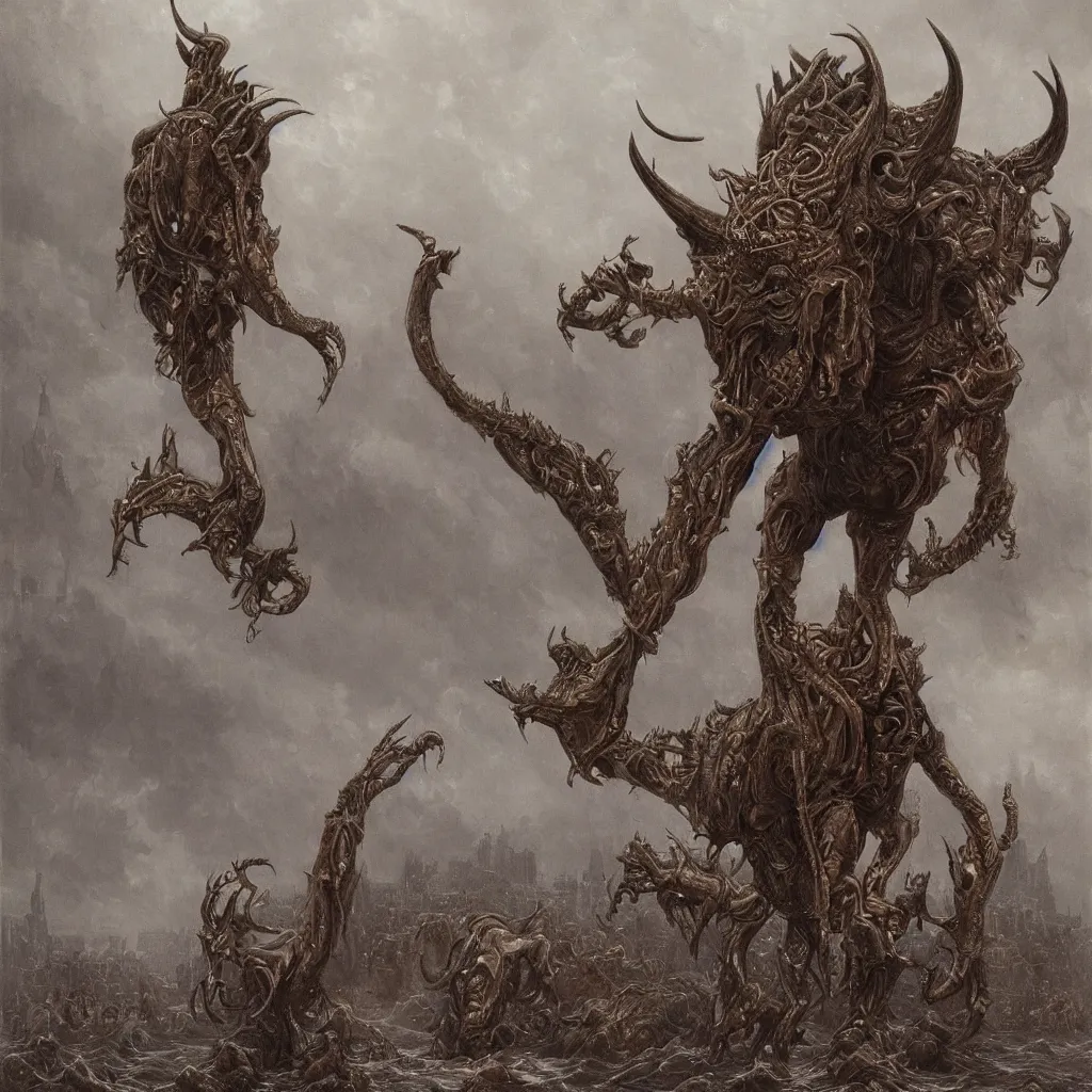 Image similar to a masterpiece! full body photographic portrait of an alien beast!! with seven heads!! and ten horns!! walking on water on a city street by gustave dore and sam spratt and allen williams, trending on artstation, cgsociety, 8 k hd, earthtone colors,