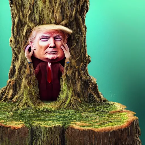 Image similar to donald trump is fused into a tree stump, hyperdetailed, artstation, cgsociety, 8 k