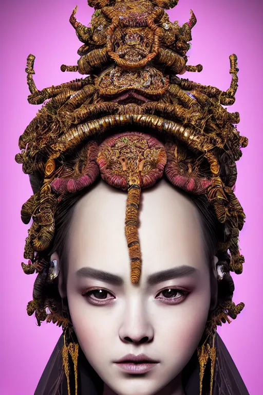 Image similar to a beautiful empress portrait, with a gross, impossible striking big worm headpiece, clothes entirely made out of worms, everything worms, symmetrical, dramatic studio lighting, rococo, baroque, asian, hyperrealism, closeup, D&D, fantasy, intricate, elegant, highly detailed, digital painting, artstation, octane render, 8k, concept art, matte, sharp focus, illustration, art by Artgerm and Greg Rutkowski and Alphonse Mucha