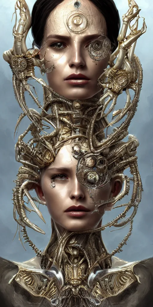 Image similar to realistic character concept, alien queen with lots of jewelry in the face, elegant pose, scifi, illustration, slender symmetrical face and body, artstation, cinematic lighting, hyperdetailed, cgsociety, 8 k, high resolution, charlie bowater, tom bagshaw, single face, insanely detailed and intricate, beautiful, elegant, golden ratio, dark fractal background, vfx, postprocessing