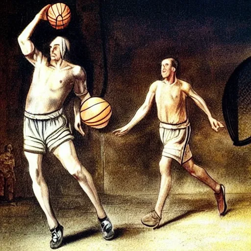 Image similar to hitler playing basketball, realistic, detailed, colored by da vinci