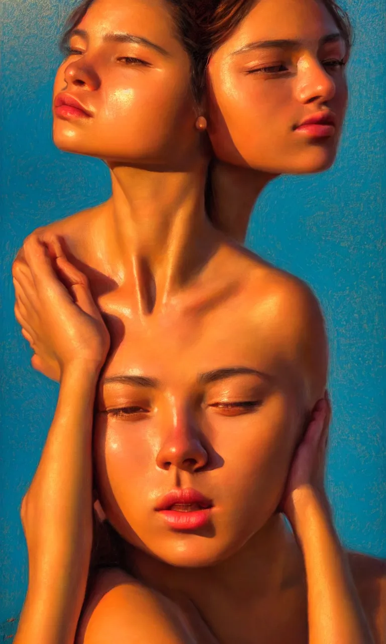 Image similar to a face portrait of a beautiful girl enjoying the warm sunlight, cuban setting, close - shot, symmetrical face, warm colors, soft lighting, atmospheric, cinematic, moody, in the style of diego koi, gina heyer, luiz escanuela, art by alyssa monk, hyperrealism, rule of thirds, golden ratio, oil on canvas, 8 k