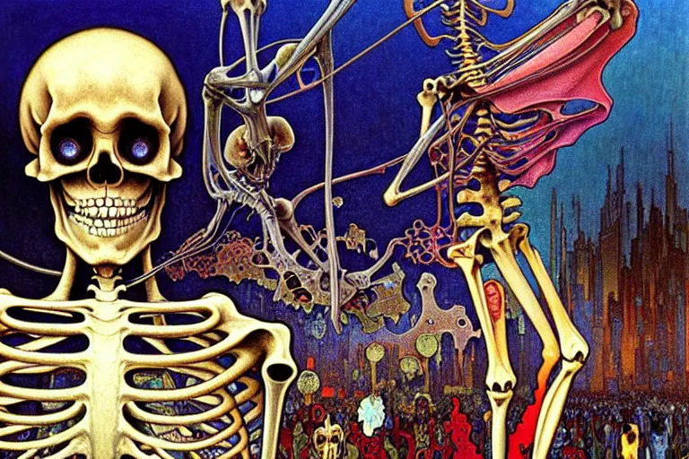 Image similar to realistic detailed closeup portrait painting of a single skeleton wearing a cape in a crowded futuristic street by Jean Delville, Amano, Yves Tanguy, Alphonse Mucha, Ernst Haeckel, Edward Robert Hughes, Roger Dean, rich moody colours, blue eyes